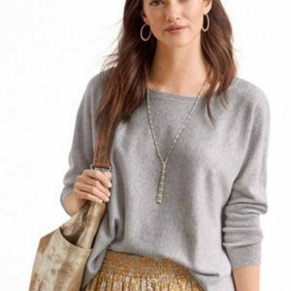 Garnet Hill Light Gray Cashmere Boatneck Cropped 3/4 Sleeve Sweater Medium